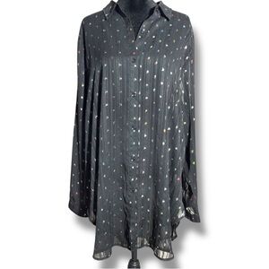 Erin London Women's XL Black with Color Spot Pattern Sheer Oversize Button Down